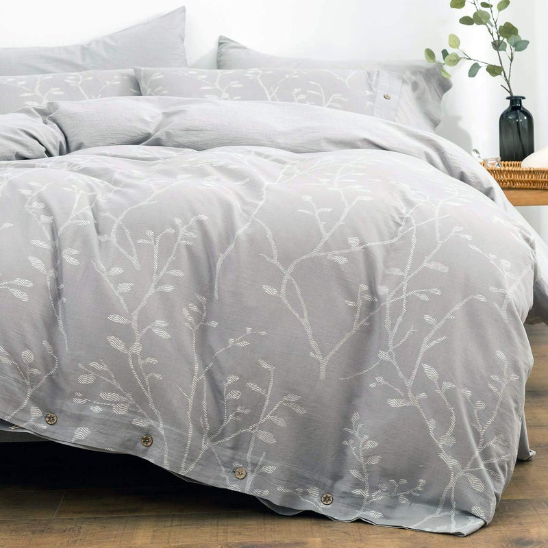 OREISE Duvet Cover Set King Size Washed Cotton Yarn, Jacquard Gray and White Thick Branch Pattern Floral Style 3Piece Bedding Set - Image 1